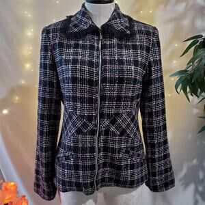 Tempo Paris Plaid Tweed Womens Size 8 Blazer Jacket Faux Fur Collar Zip Black